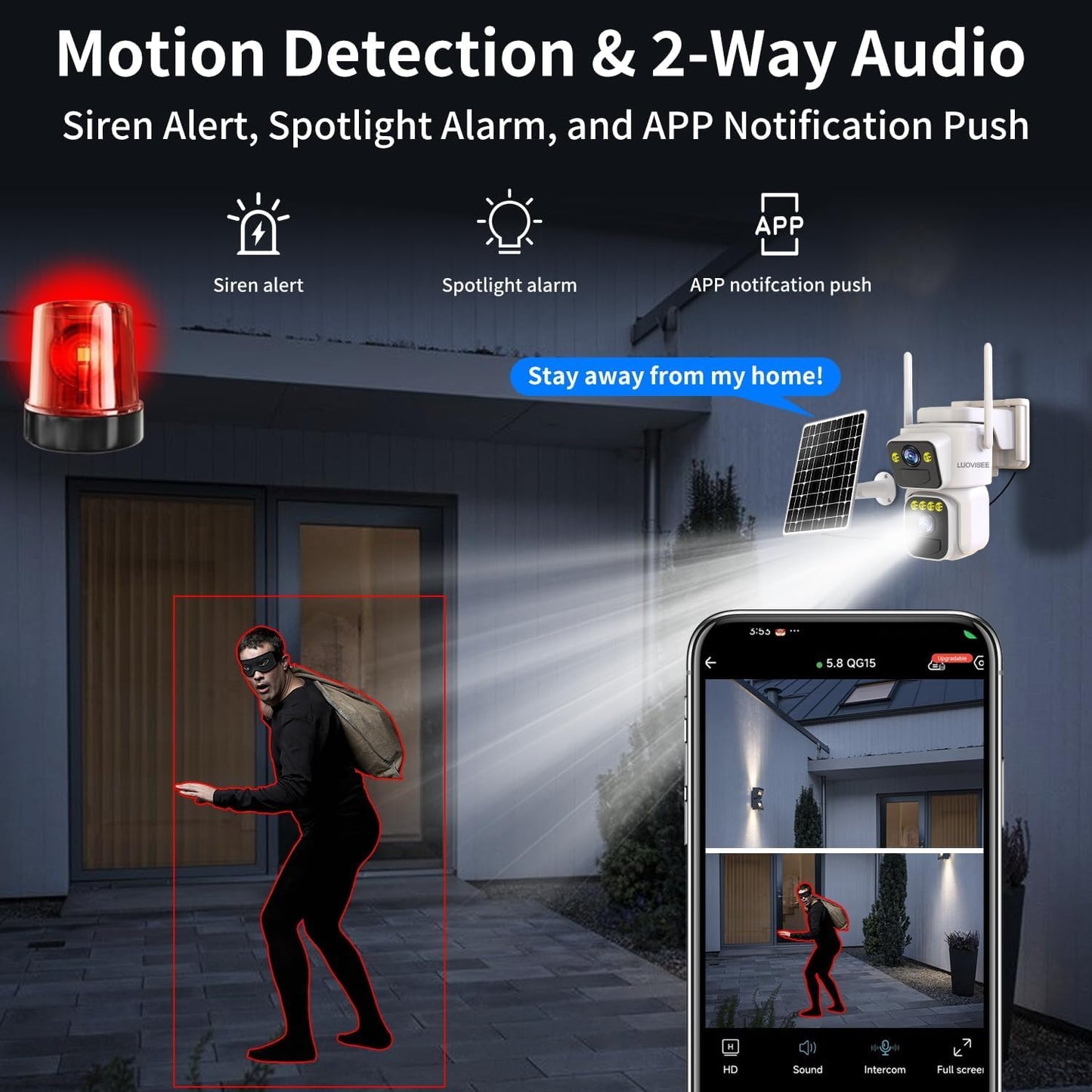 Luovisee Dual Lens Outside Cameras for Home Security Cameras 4 Pack,2.4G & 5G WiFi,Solar Battery Powered Camera with AI Motion Siren,SD/Free Cloud Storage,No Monthly Fee,Color Night Vision,Waterproof