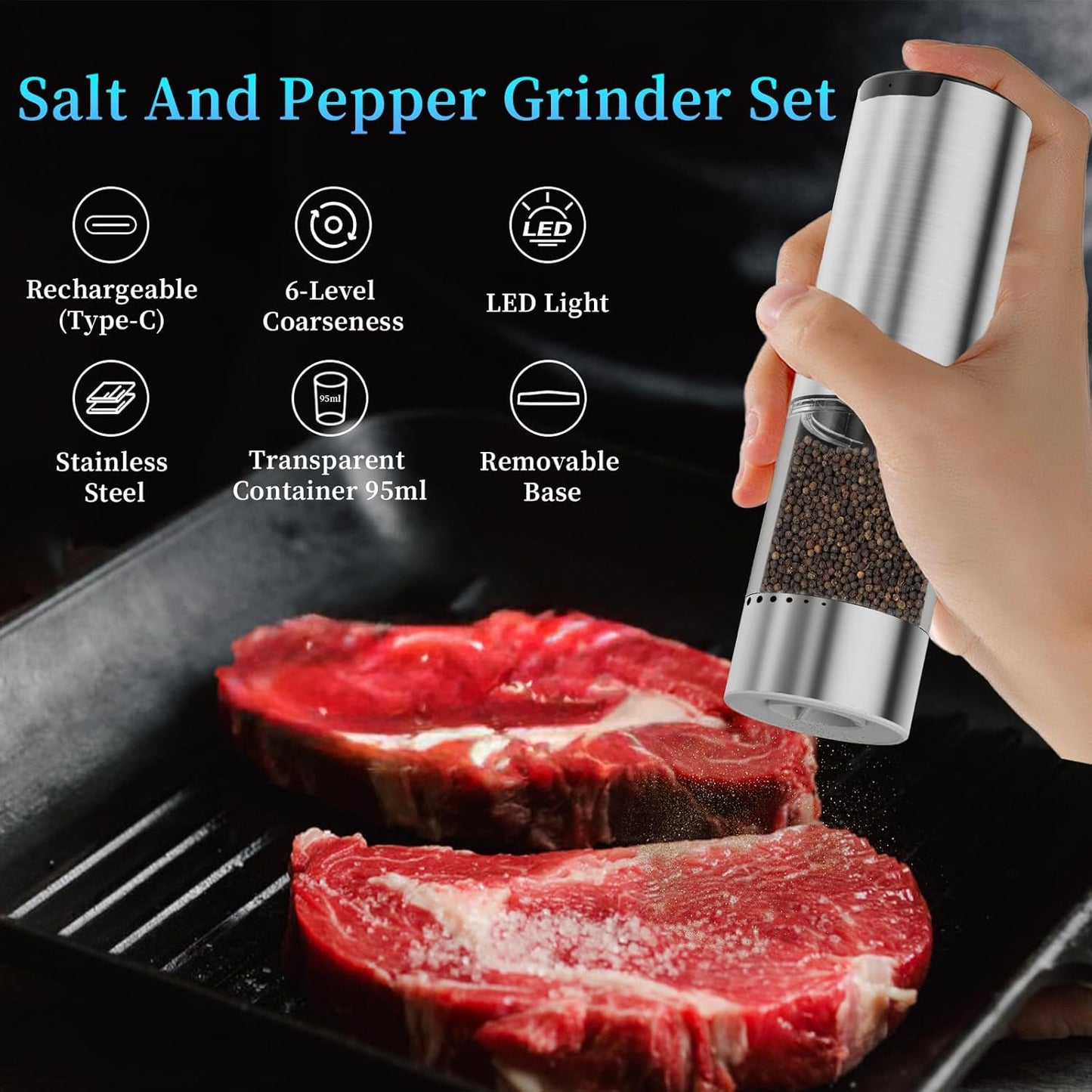 Skiennix Electric Salt and Pepper Grinder Set - Type-C Fast Charging, Adjustable Coarseness, Stainless Steel | LED Light