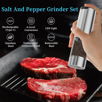 Skiennix Electric Salt and Pepper Grinder Set - Type-C Fast Charging, Adjustable Coarseness, Stainless Steel | LED Light