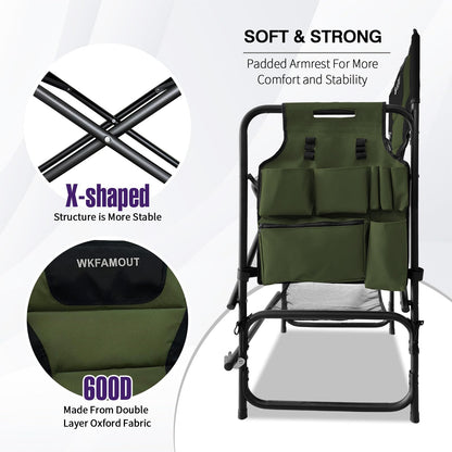 WKFAMOUT Tall Folding Directors Chair with Side Table 30.71" Seat Height Foldable Camping Chair Bar Stool for Makeup Artist Face Painting with Footrest and Storage Pocket Supports 350LBS