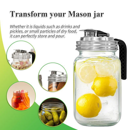 2PCS Mason Jar Pour Spout Lid Stainless Steel with Handle,Wide Mouth Pour Spout Flip Cap Lids for Mason Jars, Reusable Mason Jars Lid,Leak Proof Seal, for Drinking Salad Dressing & Food