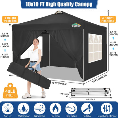 COBIZI 10x10 Pop Up Canopy Tent, One Push Outdoor Gazebo with 4 Removable Sidewalls & Air Vent, Waterproof Commercial Easy Up Adjustable Canopy with 4 Sandbags, 4 Stakes & 8 Ropes for Party,Black