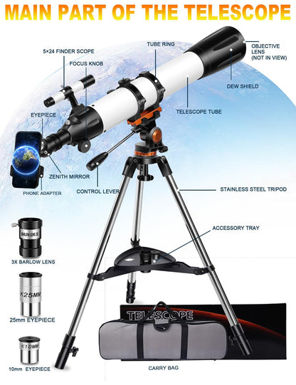 Uonol Telescope for Adults High Powered 90mm Aperture 800mm (32X-240X), Refractor Telescopes for Astronomy Beginners with AZ Mount Tripod, Phone Adapter, Carry Bag (80090white)