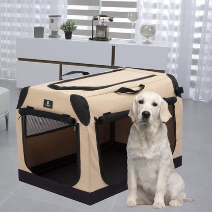 X-ZONE PET 3-Door Portable Soft-Sided Folding Soft Dog Travel Crate Collapsible Pet Kennel,X-Large, 36 x 25 x 25 Inches,Tan