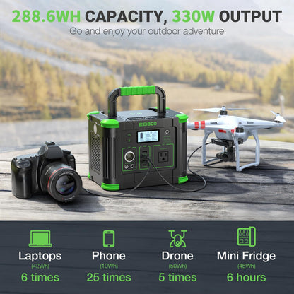 Portable Power Station 330W 288Wh Solar Generator with 60W USB-C PD Fast Charging, Pure Sine Wave AC Outlet, 5W Wireless Charger, LED for Camping, RV, CPAP, Home Emergency Backup, Off-Grid Living