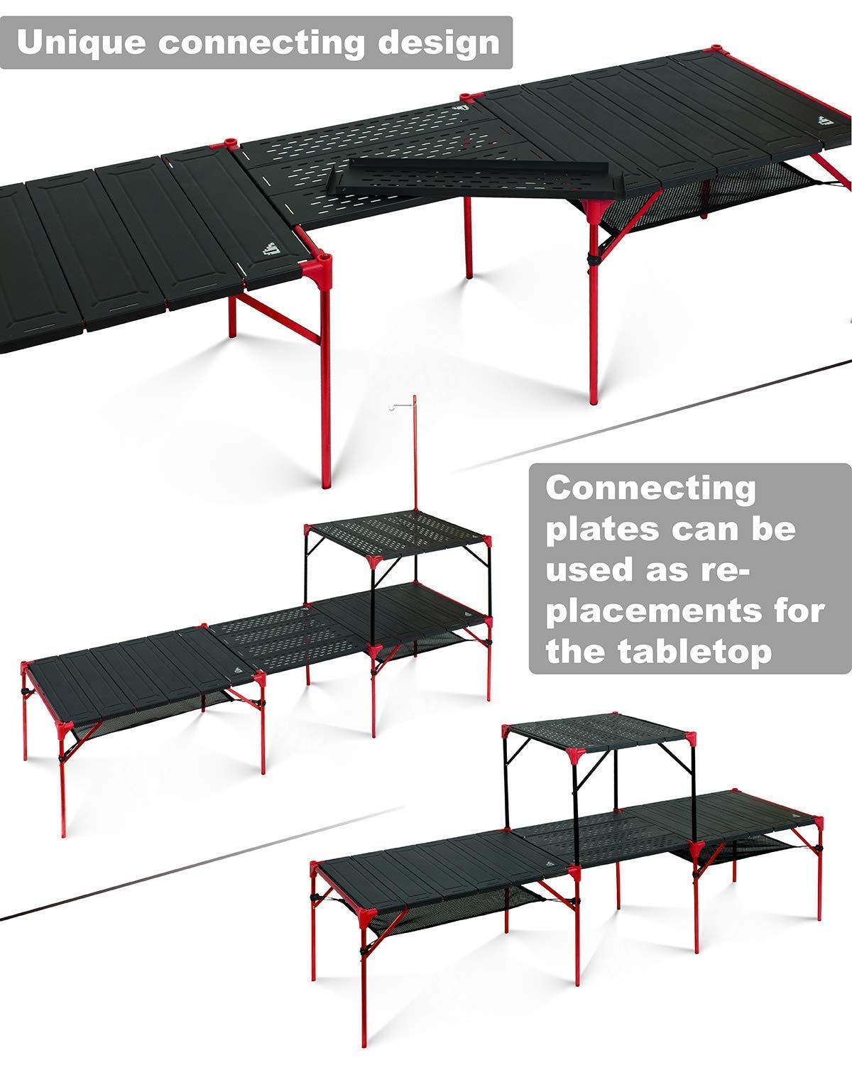 iClimb 2 Extendable Folding Table and 1 Pack Connecting Plates and 1 Lantern Hanger Bundle, Ultralight Compact for Many People Camping Backpacking Beach Concert BBQ Party