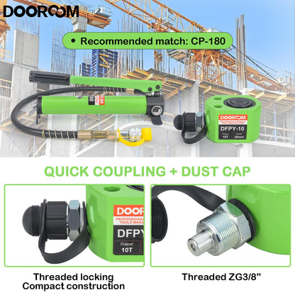 DOOROOM 10T 1.0"/26mm Stroke Portable Hydraulic Cylinder Portable Low Profile Jack Sets Multi-Acting Porta Power Ram Jack Kits Lifting Cylinder with CP-180 Hydraulic Hand Pump