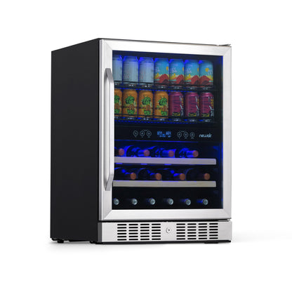 NewAir 24" Dual Zone Beverage Refrigerator & Wine Cooler for 20 Bottles & 70 Cans | Freestanding or Built-In Under Counter Mini Fridge for Beer, Wine and Soda | Stainless Steel