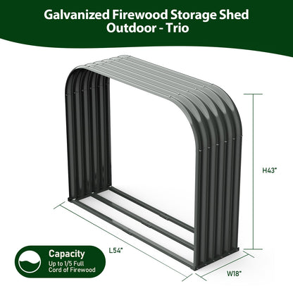 ANLEOLIFE Galvanized Steel Firewood Rack with Weatherproof Corrugated Roof (Shed-Style Log Storage), Heavy Duty Outdoor Log Holder, Rust Resistant, Trio Gray, 18"D x 54"W x 43"H