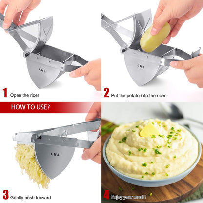 LHS Stainless Steel Potato Ricer - Heavy Duty Masher with Ergonomic Grip | Extra Large Capacity, Dishwasher Safe (Black)
