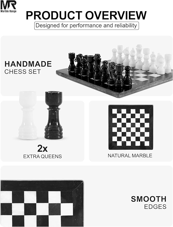 Marble Chess Set for Adults 12 Handmade Black &amp White Board Game with 32 Chess Pieces 2 Extra Queens &amp Storage Box Luxury Travel Game Elegant for Home Decor
