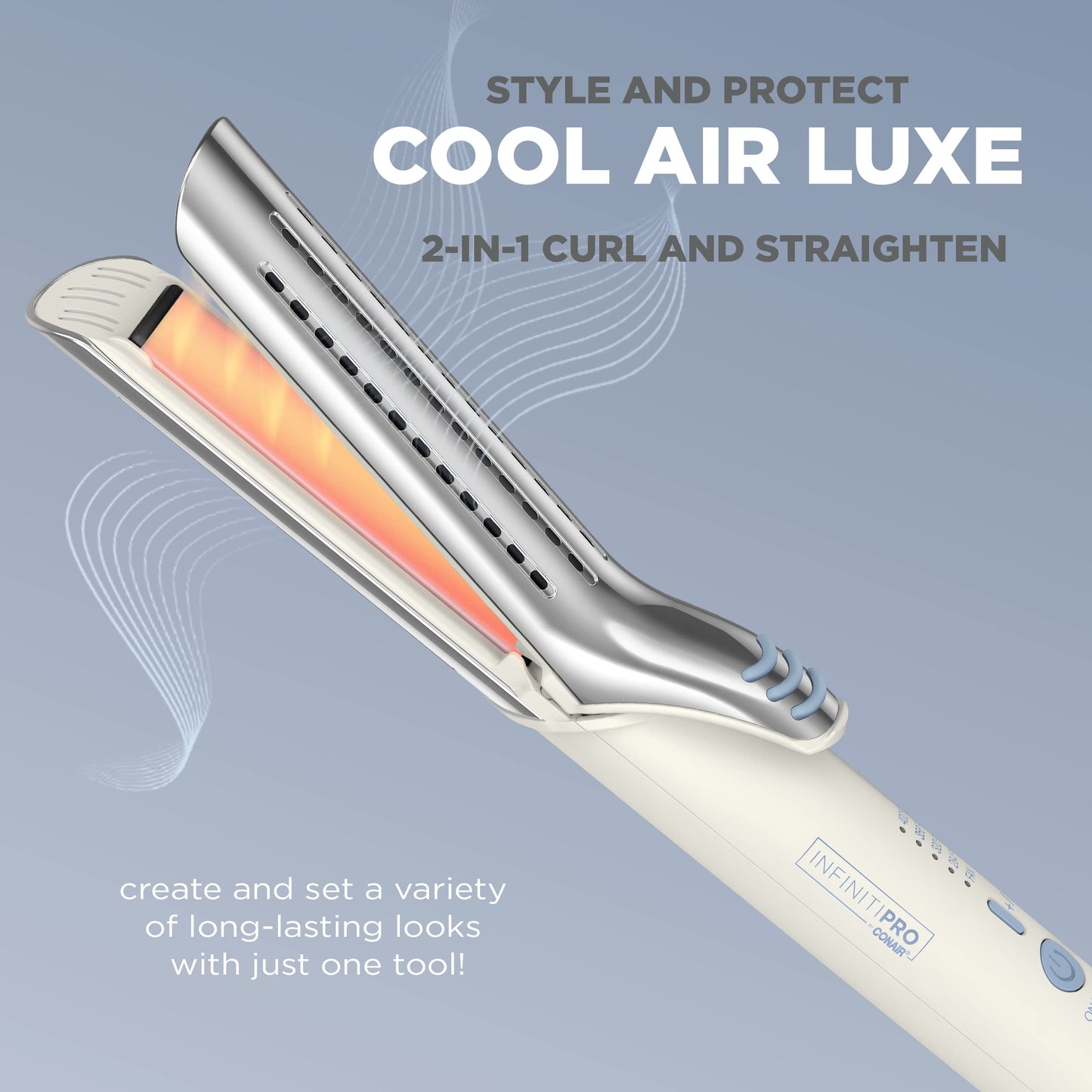 INFINITIPRO BY CONAIR 2-in-1 Cool Air Curling Iron and Flat Iron Luxe, Protects Against Damage and Locks in Style for Effortless Long Lasting Curls, Waves & Straight Looks with One Tool