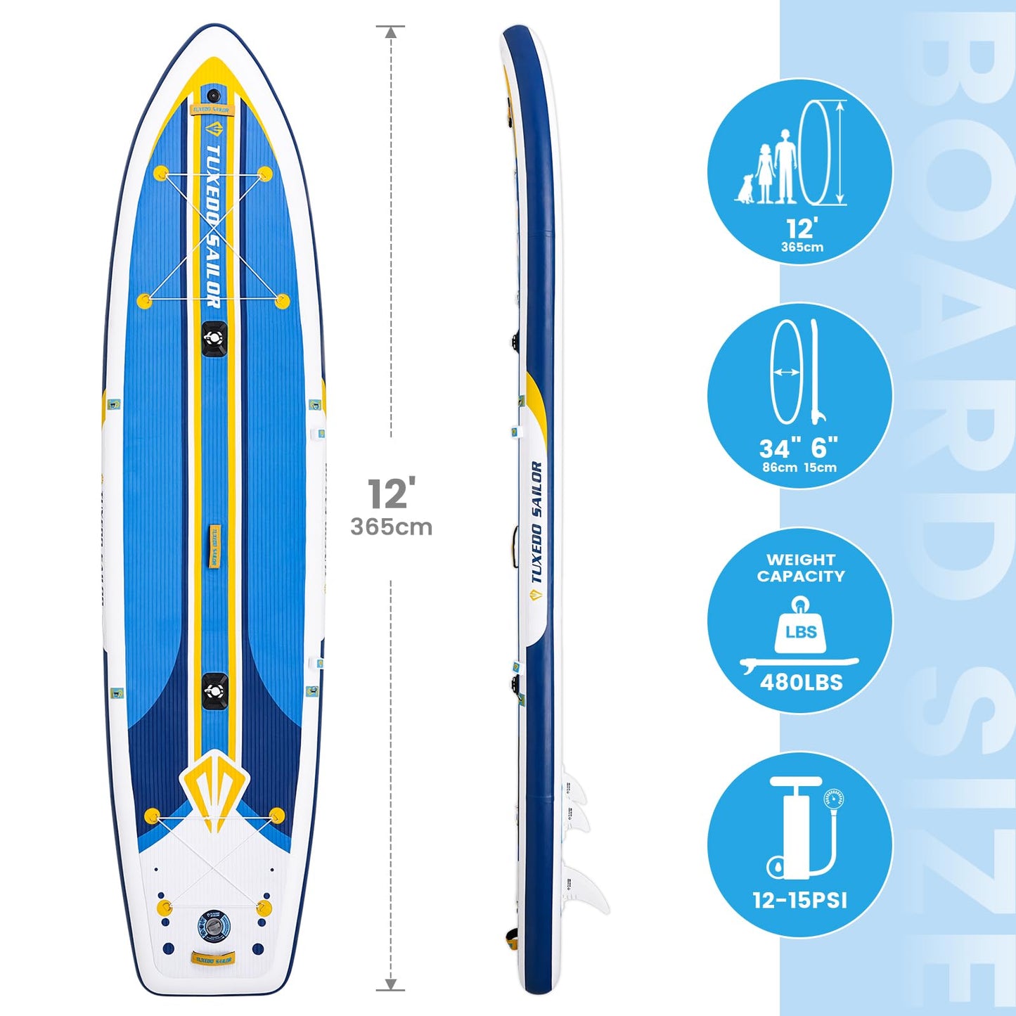 Tuxedo Sailor Large Size Inflatable Fishing Kayak 12'×34"×6" Ultra-Light Paddle Board, Stand Up Paddle Board Complete Accessories, Fishing Support Bases, Kayak Seat etc