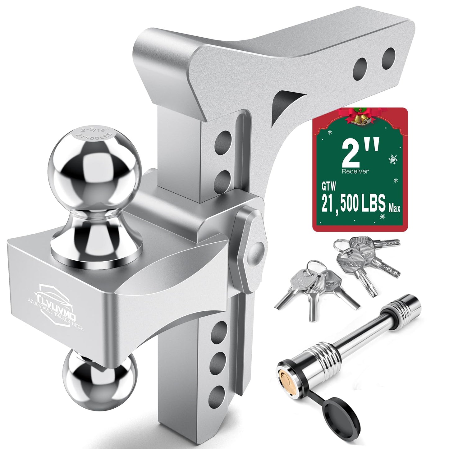 Tlvuvmo Drop Hitch -8 Inch Adjustable Trailer Hitch (Fits 2-Inch Receiver), 21,500 LBS GTW Heavy Duty Truck Hitch, Aluminum Tow Hitches, (2'' & 2-5/16'') Chrome Steel Tow Balls & 2 Anti-Theft Locks