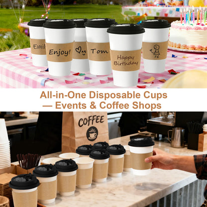 Coolcap 20 oz 500 Pack Coffee Cups with Lids and Sleeves, Straws, Hot Disposable To Go Travel Paper Cups Bulk for Office, Home Coffee Bar Accessories, Chocolate, Cocoa, Beverage (Black)