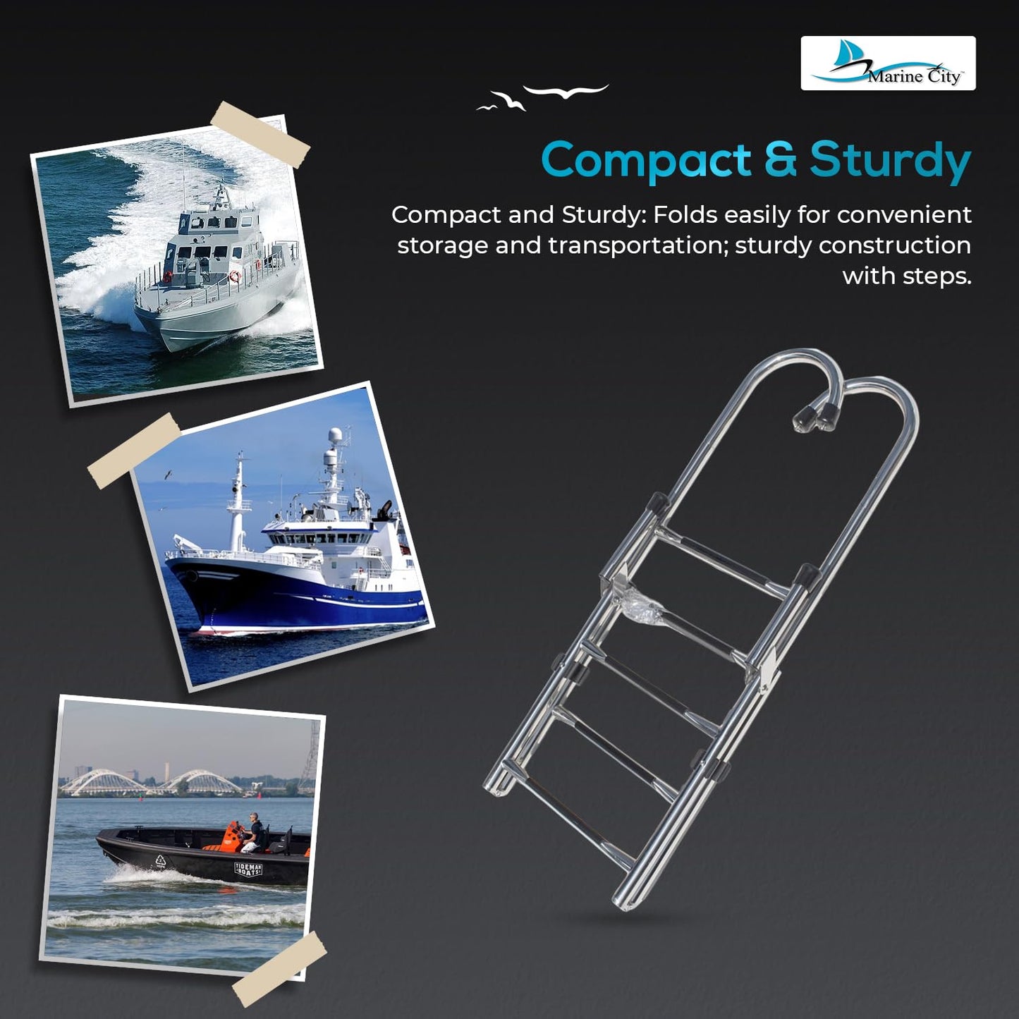 MARINE CITY 2+3 Step Telescoping Folding Ladder – 304 Grade Stainless Steel, 400 lb Capacity – Compact, Sturdy Design for Easy Installation on Boats, Pontoons, RVs, and Ships