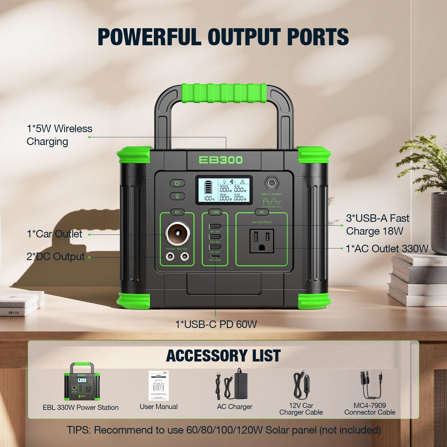 Portable Power Station 330W, GRECELL 288.6Wh Solar Generator with 60W USB-C PD Output, 120V Pure Sine Wave AC Outlet Backup Lithium Battery for Outdoors Camping Travel Home Blackout