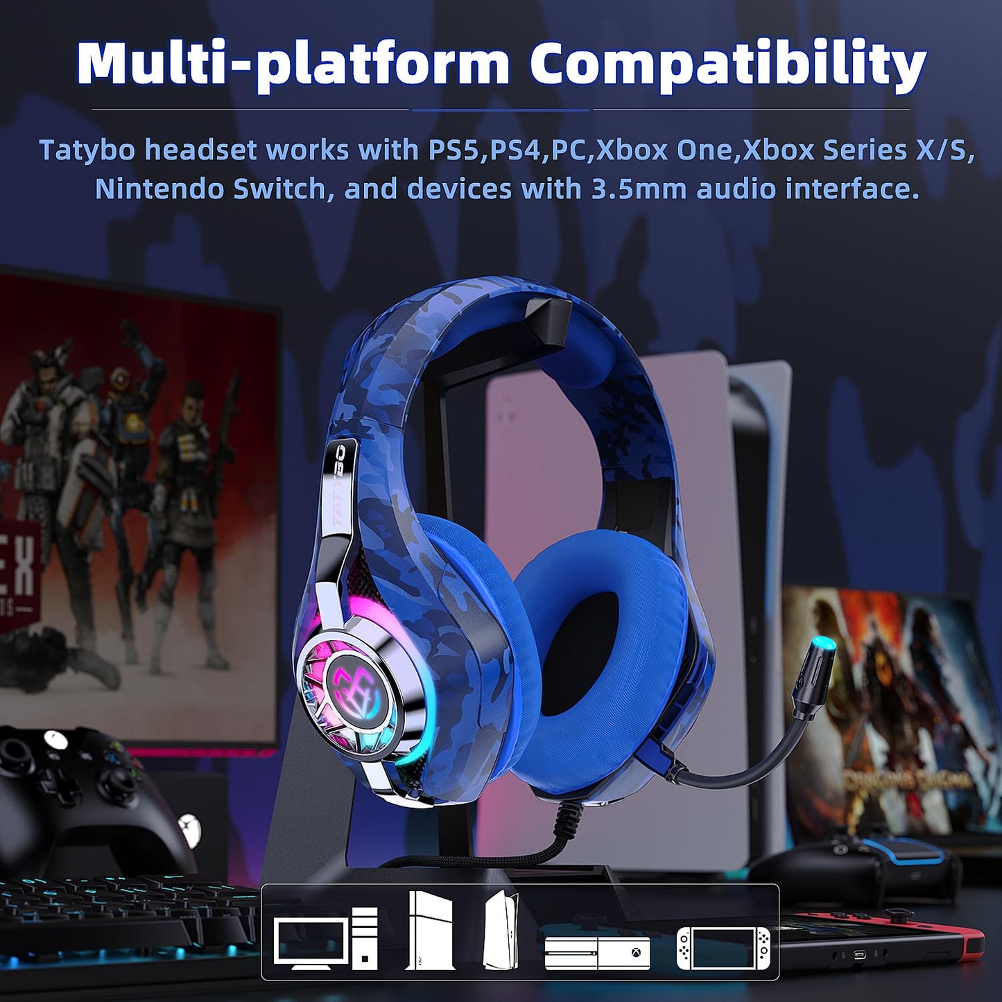 Tatybo Gaming Headset for PS5 PS4 Switch Xbox PC, Surround Sound Gaming Headphones with Noise Canceling Mic