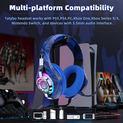 Tatybo Gaming Headset for PS5 PS4 Switch Xbox PC, Surround Sound Gaming Headphones with Noise Canceling Mic