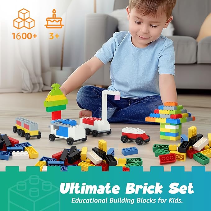 1600 Pieces Building Bricks with 32 Wheel Building Blocks Set Classic Bulk Blocks Set Creative Toy DIY Cars Planes Tanks Compatible with All Major Brands 14 Shape/18 Color