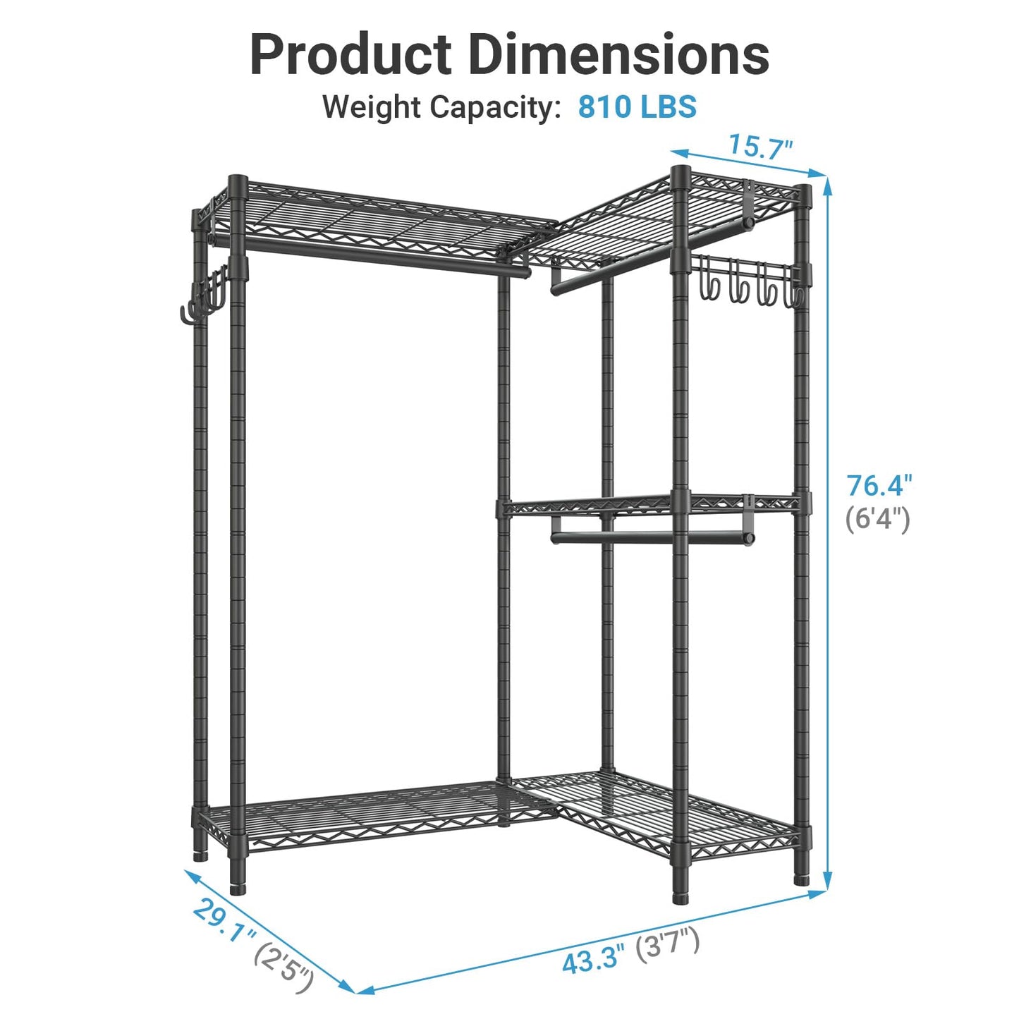 VIPEK L4 Clothes Rack L Shaped Garment Rack for Corner, 810lbs Heavy Duty Portable Closet Metal Clothing Rack, Adjustable Shelving/Sturdy Hanging Rods/Side Hooks, Black