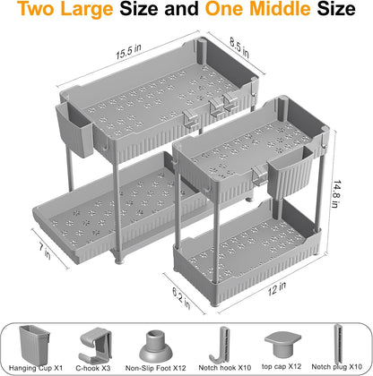 Sevenblue Under Sink Organizers - 2-Tier Kitchen & Bathroom Storage with Sliding Drawers | Gray, 14.8 Inch