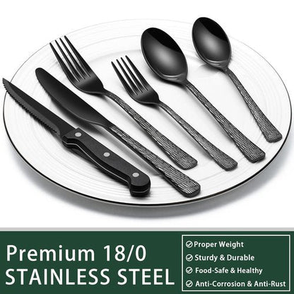 EWFEN 24-Piece Black Silverware Set with Steak Knives, Black Flatware Set for 4, Food-Grade Stainless Steel Tableware Cutlery Set, Mirror Finished Utensil Sets for Home Restaurant, Tree Pattern
