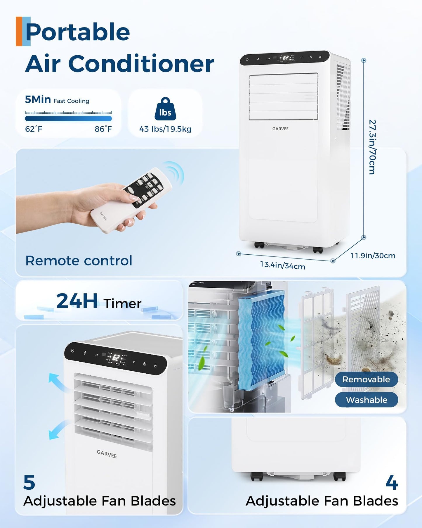 8,000 BTUs Portable Air Conditioner, 3-in-1 Portable AC Unit with Fan & Dehumidifier, Room Air Conditioner Cools up to 350 Sq.Ft, Standing AC Unit with Remote Control & 24H Timer, for Home, Office
