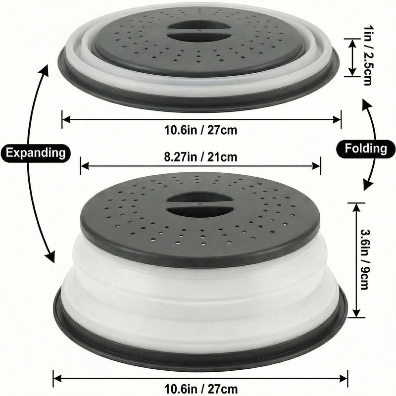 WENWELL Collapsible Microwave Splatter Cover for Food, Vented Microwave Plate Cover Lid 10.5 inch, BPA-Free Silicone & Plastic, Dishwasher Safe, Multipurpose Colander for Fruit Vegetable, Black
