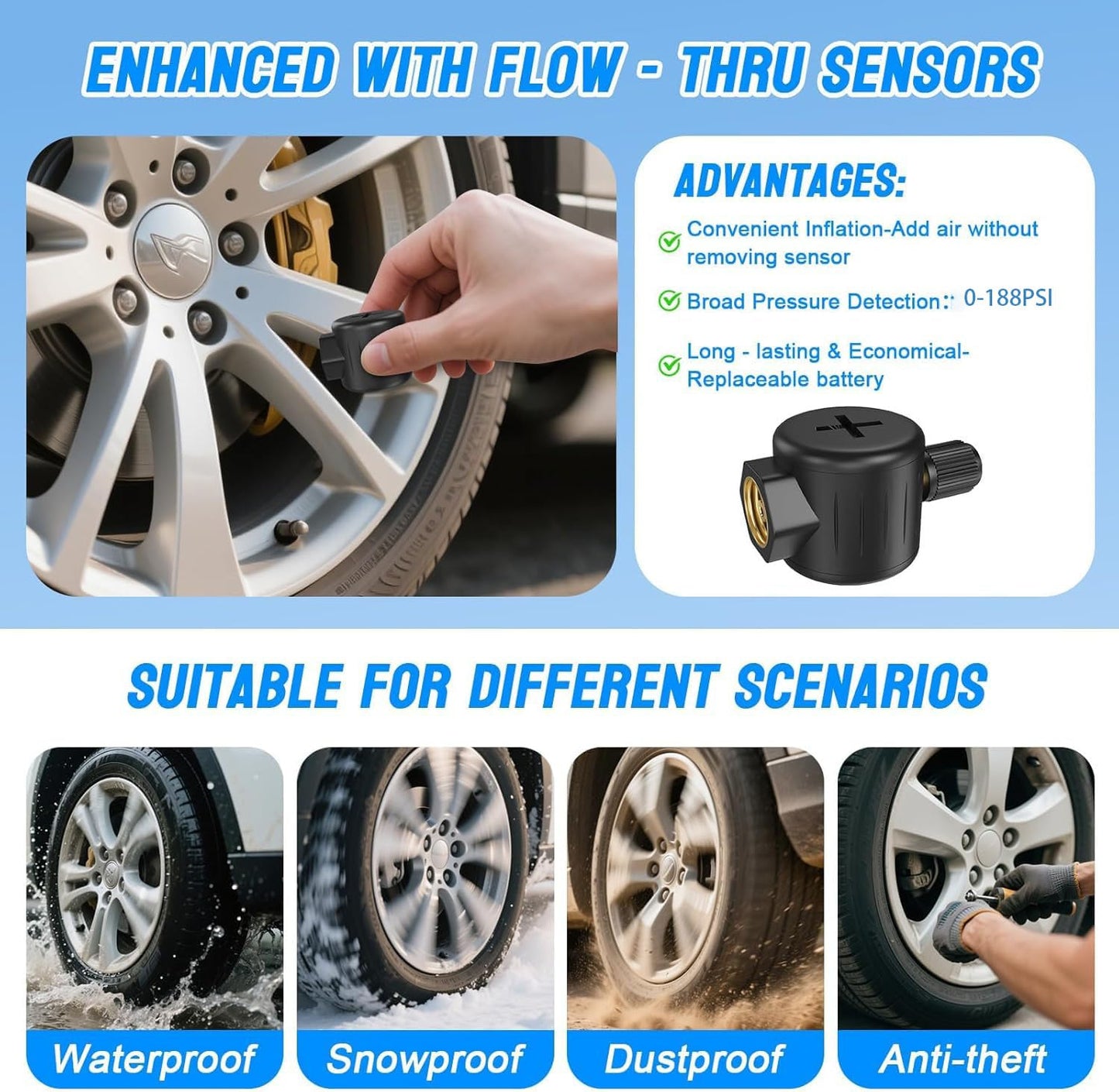 NLNE Trailer Tire Pressure Monitoring System 10 Sensors, 4.5" RV TPMS with Flow Through Sensor,6 Alerts Modes Monitor for Semi Truck/Camper/5th Wheel,Motorhome,Signal Booster,0-188PSI(4-22 Sensors)