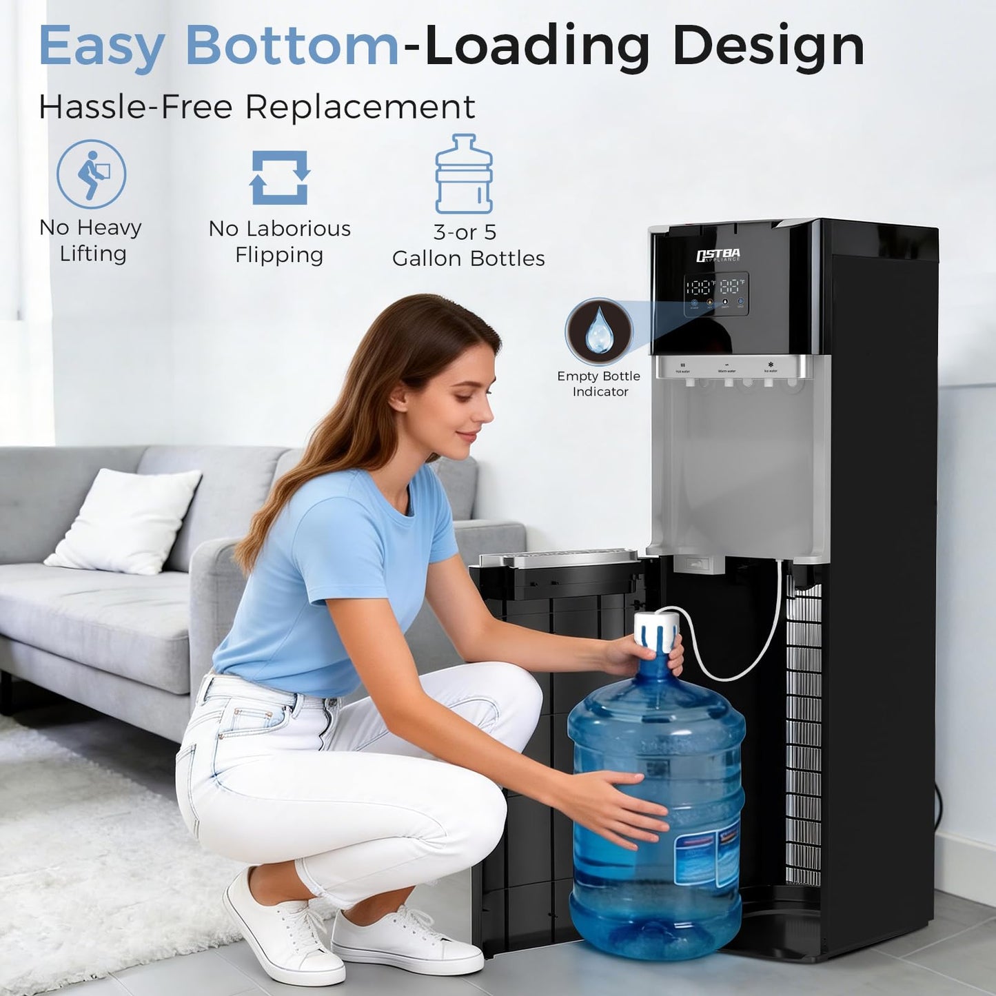 OSTBA Bottom Loading Water Cooler Dispenser for 3 & 5 Gallon Bottles, Hot, Cold & Room Water, LED Display, Child Safety Lock, Stainless Steel Tank Water Dispenserfor Home & Office