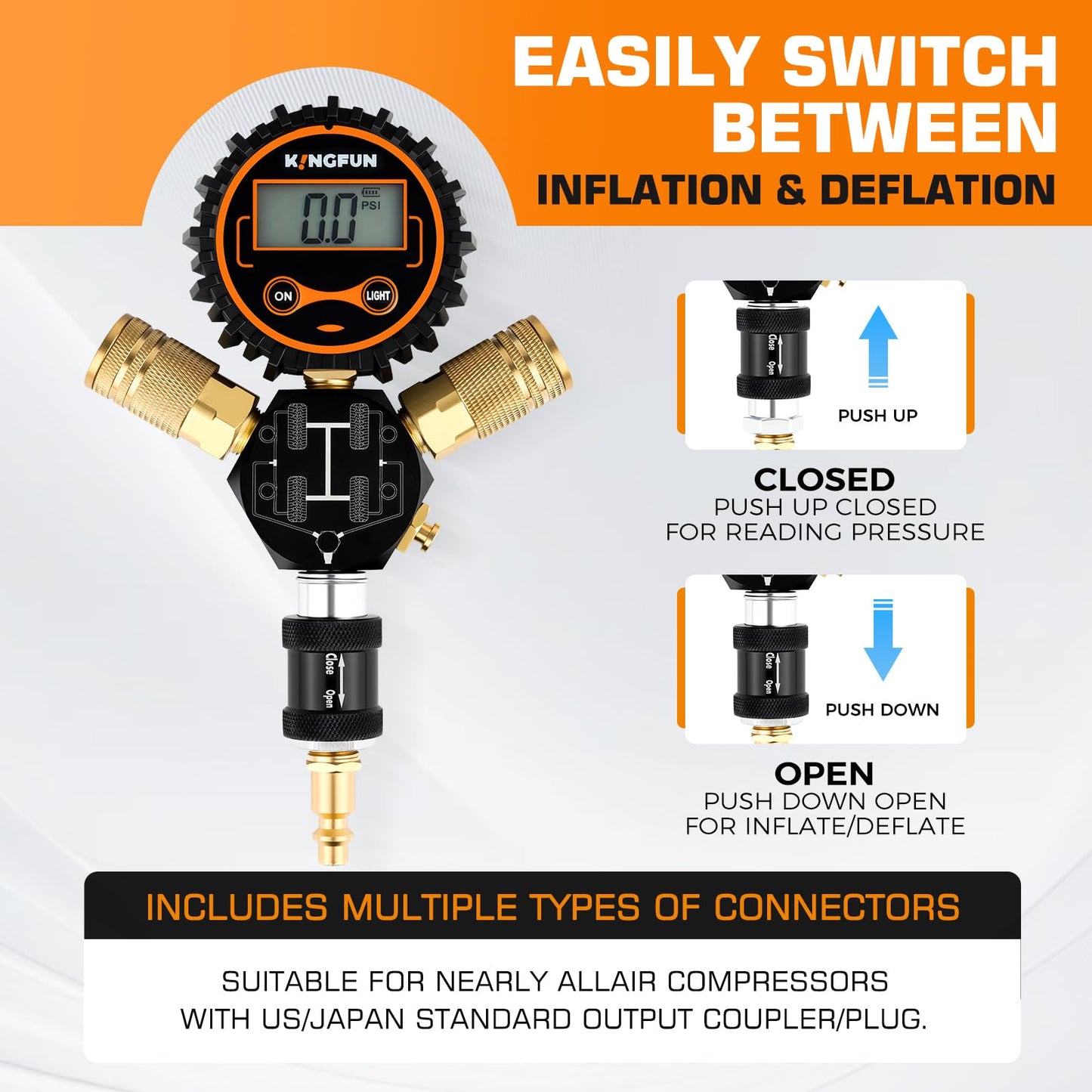 Kingfun 4 Tire Inflation & Deflation System, Rapid High Flow 4 Way Tire Inflator Hose Kit with Digital Pressure Gauge, Fits Up to 220" Wheelbase for Off-Road, Jeep, Truck, SUV