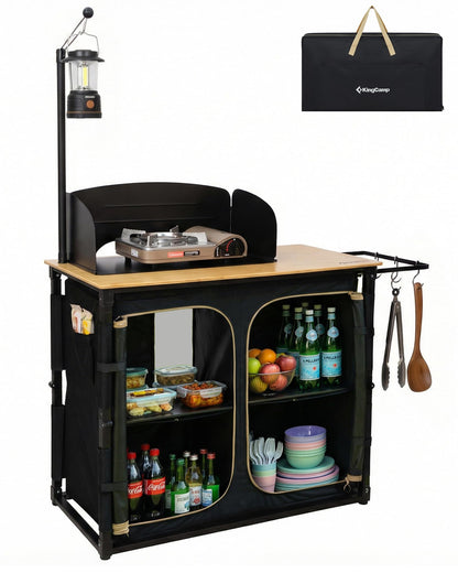 KingCamp Bamboo Camp Kitchen Table, Folding Overland Camping Table with Windscreen & Lantern Pole, Portable Outdoor Cooking Organizer with Storage Cabinets for RV Trip, Tailgating, BBQ, Picnic