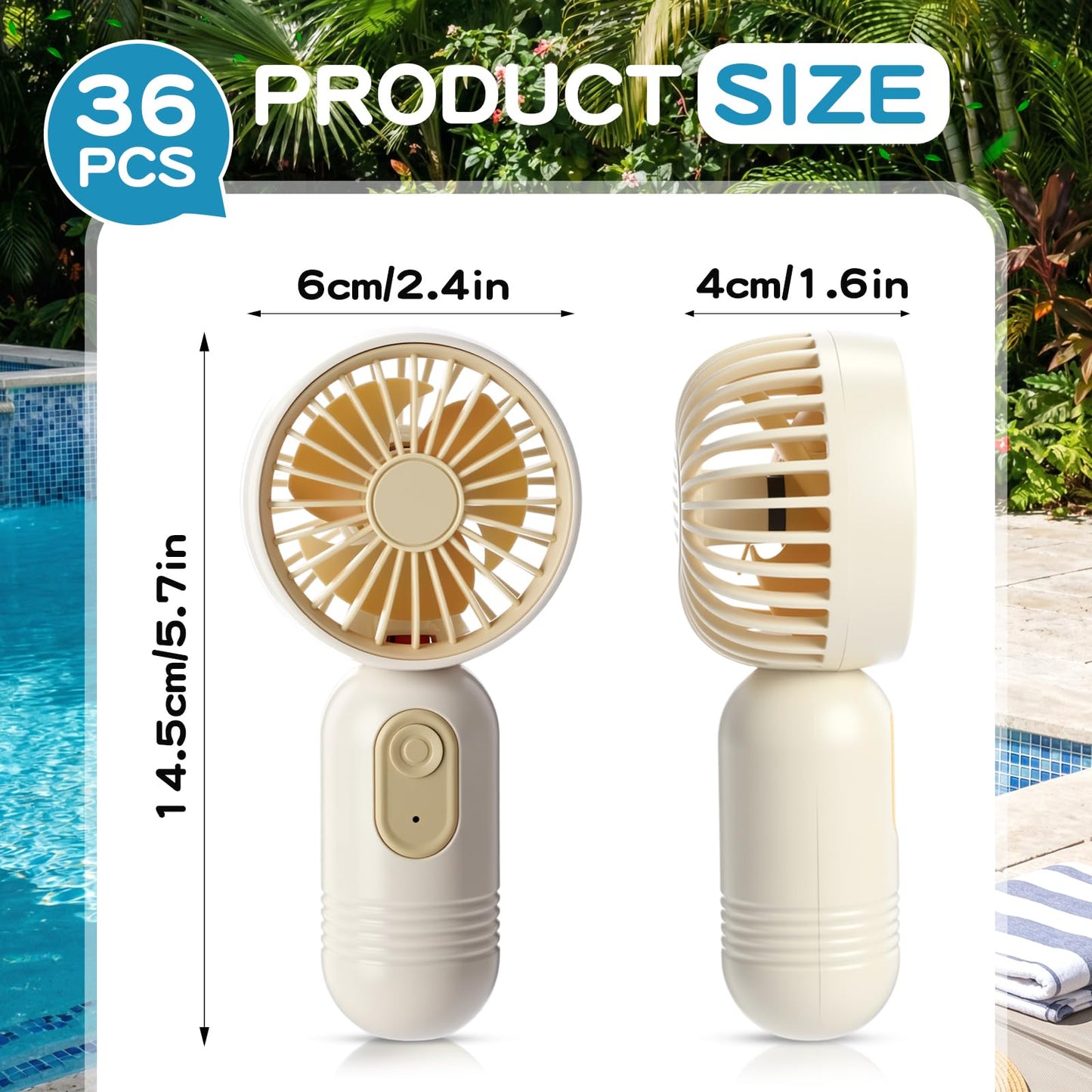 Rossesay 36 Pack Mini Portable Fan Bulk for Travel 3 Speeds, Rechargeable USB Battery Operated, Small Handheld Personal Eyelash Fans for Women Men Indoor Outdoor (White Beige)
