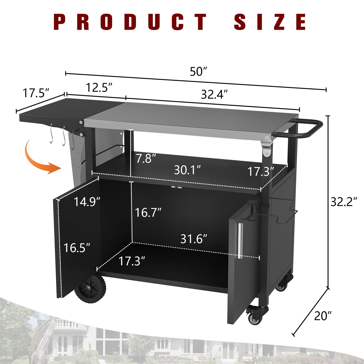 Vongrasig Outdoor Grill Cart, Patio Kitchen Island with Storage, Outdoor Bar Table BBQ Cart Pizza Oven Table with Foldable Stainless Steel Top & Wheels, Black