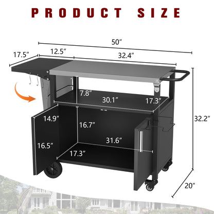 Vongrasig Outdoor Grill Cart, Patio Kitchen Island with Storage, Outdoor Bar Table BBQ Cart Pizza Oven Table with Foldable Stainless Steel Top & Wheels, Black