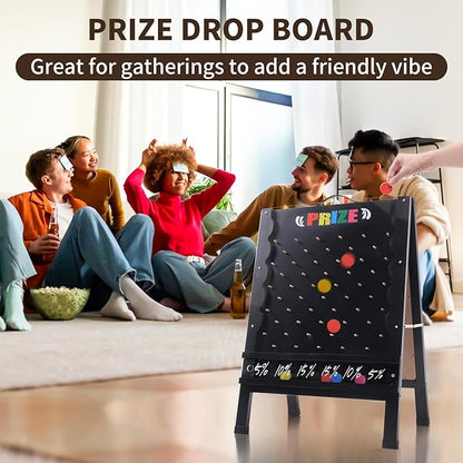 Prize Drop Game Board 21x30 Double-Sided Foldable Design with Wooden A-Frame Chalkboard Sign for Family Carnival Trade Show &amp Party - Includes 10 Coin Drop Discs and Chalk Set Portable Desig