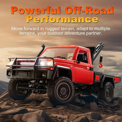 MN-82T RC Rock Crawler 1:12 Scale 4WD Upgraded RC Truck with Crane Hook 2.4Ghz Off Road Toy Pickup Truck with Lights All Terrain Wrecker Vehicle for Teen Adults (Red)