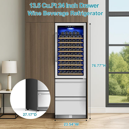 Tylza Wine and Beverage Refrigerator, 24'' Dual Zone Wine Fridge with Dual Drawers, Holds 160 Cans and 120 Bottles, Reversible Door, Built-In or Freestanding, Beverage Fridge for Home or Commercial