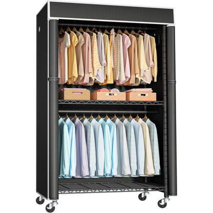 FUTASSI Clothing Rack with Cover, P1C Rolling Closets with Wheels, Metal Garment Rack for Hanging Clothes, Clothing Storage Wardrobe with Cover, 36.2" W x 16.5" D x 80.5" H, Black, Load 450 Pounds