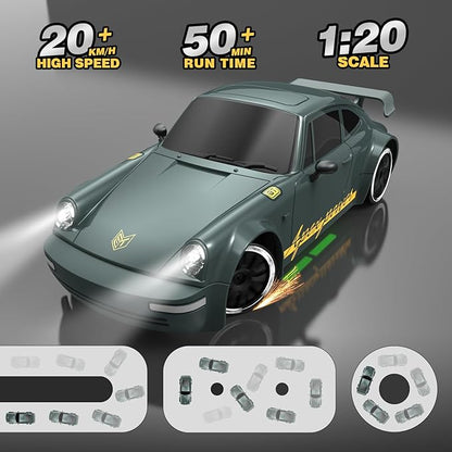 Remote Control Car RC Drift Car 2.4GHz 1:20 Scale 4WD 20KM/H High Speed Remote Control Cars with LED Lights Drifting Tire 2Pcs Rechargeable Batteries Toy Cars for Adults Boys Girls (Gray Green)