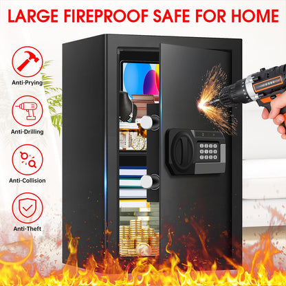 3.4 Cub Large Safes for Home Use Fire and Water Proof, Anti-Theft Digital Security Safe Box with Electronic Keypad and Key, Fire Proof Safe for Home Documents Firearm Medicine Money Valuables
