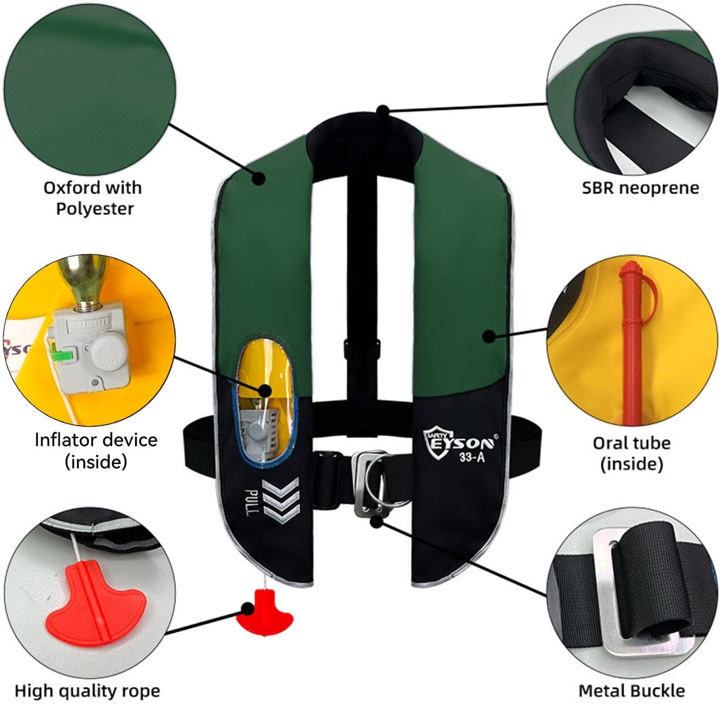 Manual Inflatable Life Jacket,Life Vest for Adult,Preserver PFD for Adults,Supports Weight up to 330 pounds (GREEN-716)