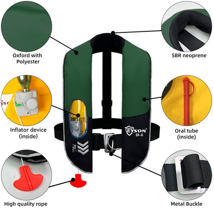Manual Inflatable Life Jacket,Life Vest for Adult,Preserver PFD for Adults,Supports Weight up to 330 pounds (GREEN-716)
