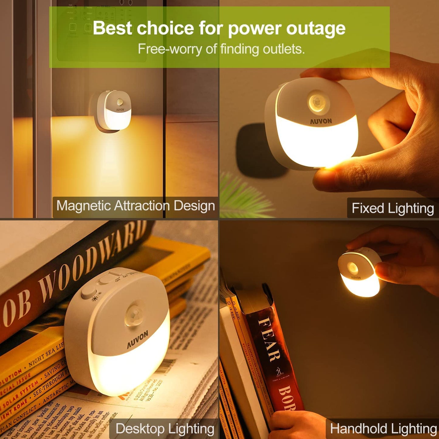 AUVON Rechargeable Battery Night Light, Mini with Motion Sensor, Warm White LED Stick-On Closet Light with Dusk to Dawn Sensor, Adjustable Brightness for Wall, Stairs, Hallway, Cabinet (4 Pack)