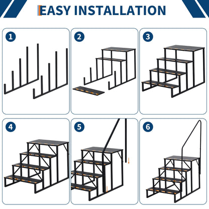 BouPower RV Steps with Handrail, 4 Steps RV Stairs w/Handrail, Wide Platform Steps for Hot Tub, Camper, Mobile Home & Porch, Safe Access for Elderly, Kids & Pets, Indoor/Outdoor Use