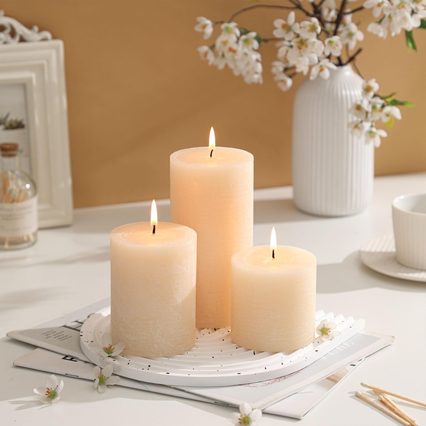 3x6 Inch Ivory Pillar Candles Set of 3 - Hand-Poured Unscented Candles, Long Clean Burning, Large Big Candles, Smokeless Dripless Candles for Dinner Table, Wedding, Home, Bathroom, Rustic Decor