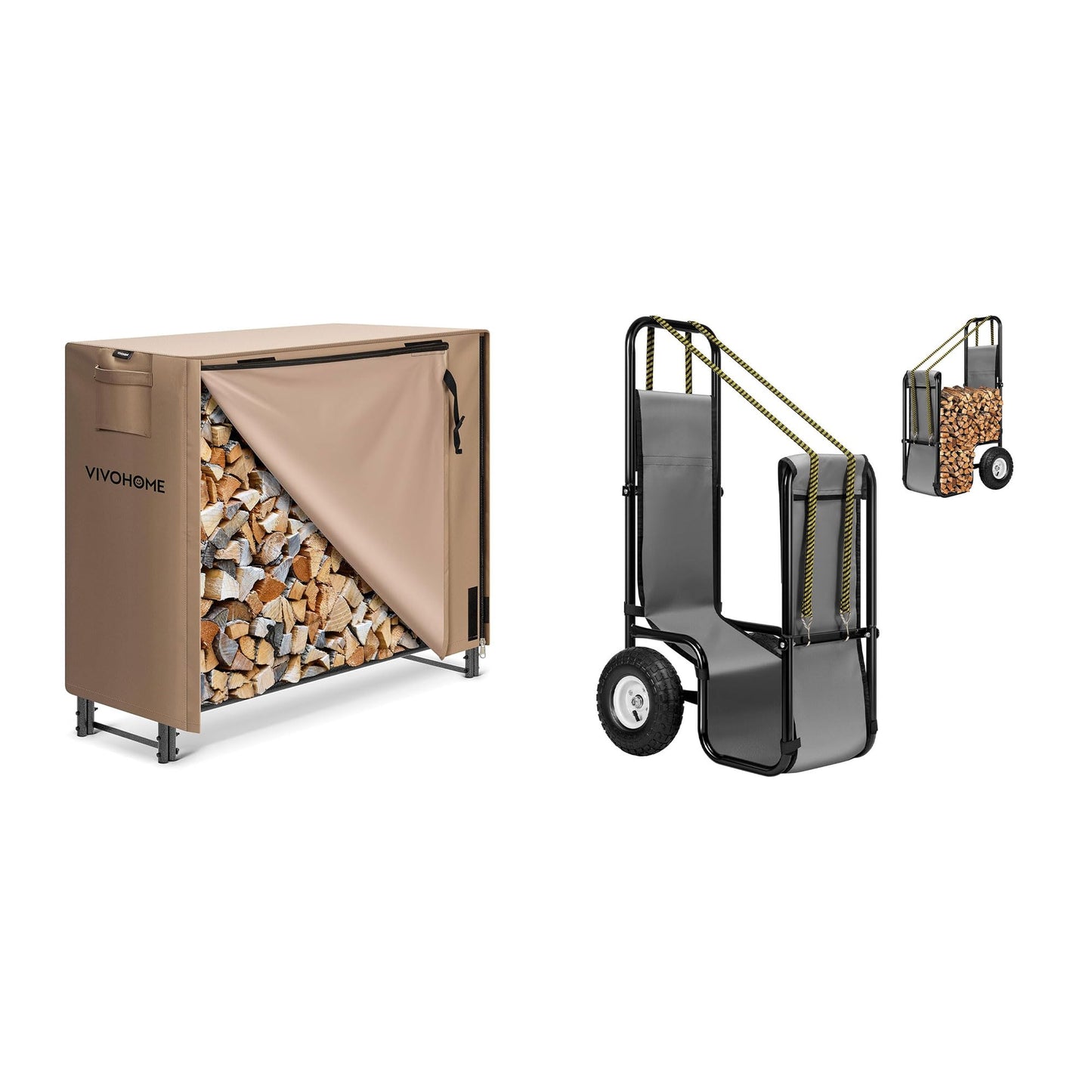 VIVOHOME 4 ft Heavy Duty Firewood Rack Outdoor with Cover, Brown Firewood Log Cart Carrier with Rubber Wheels and 600D Oxford Cloth, 250 LB Capacity Heavy Duty Steel Dolly Hauler