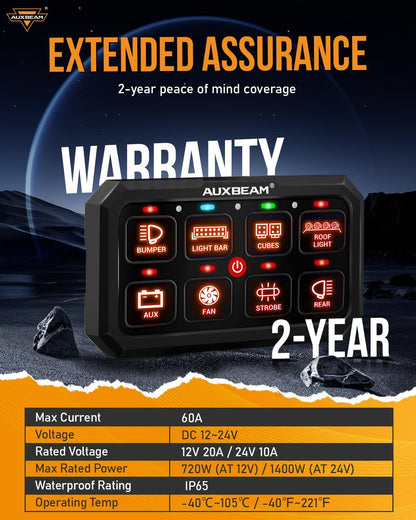 Auxbeam 8 Gang Switch Panel RA80 XL RGB Momentary Pulsed Toggle Switch Panel, Dimmable Backlight Multifunction Switch Panel with Memory Function for 12-24V Truck Offroad Car Marine, 3 Years Warranty