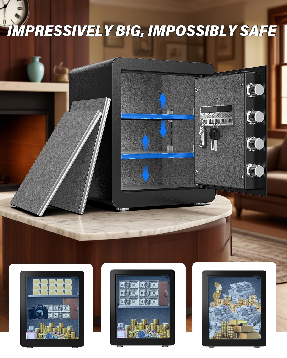Kavey 2.0 Cubic Feet Biometric Safe Box with Fireproof Waterproof Bag, Fingerprint Home Security Safe with Touchscreen Keypad, Dual Alarm, Mute Mode, LED Light and 2 Adjustable Shelves for Home Office